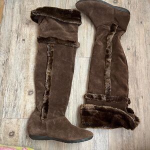 Roby Knee Boots Fur Women's 8 Brown Suede Y2K 90s
